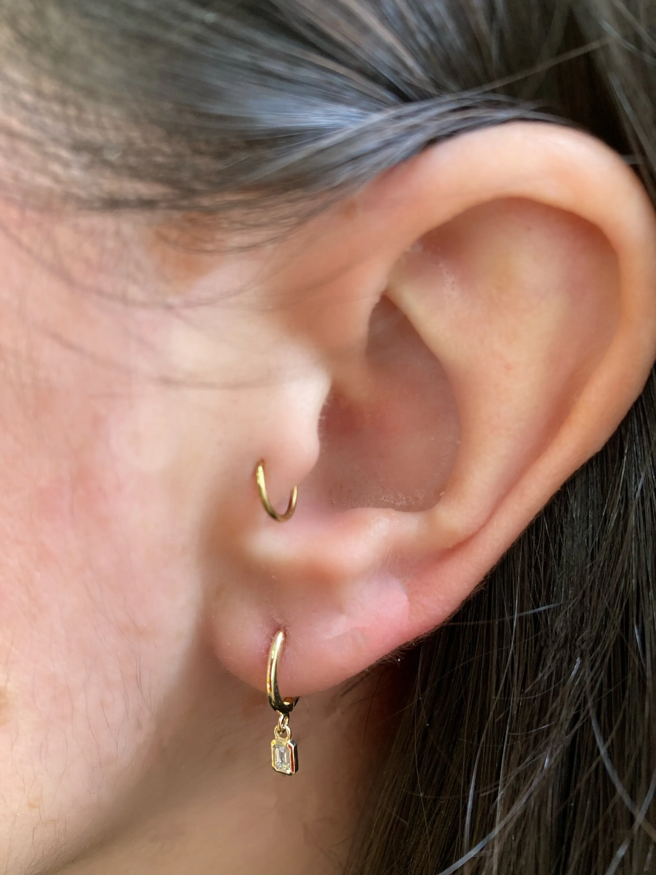 Dangling Emerald Diamond Bezel Huggie Earrings