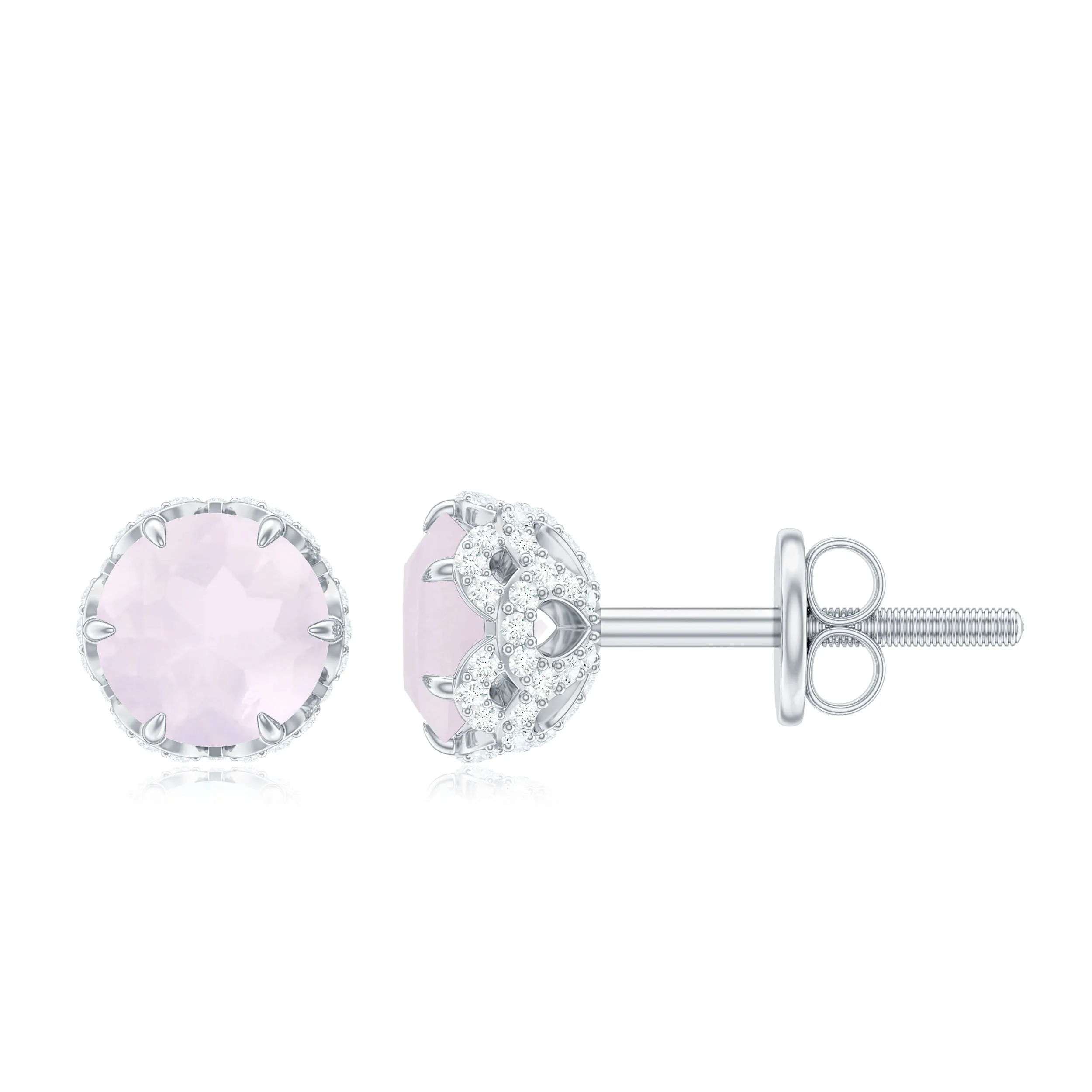 Designer Rose Quartz Solitaire Stud Earrings with Diamond Accent