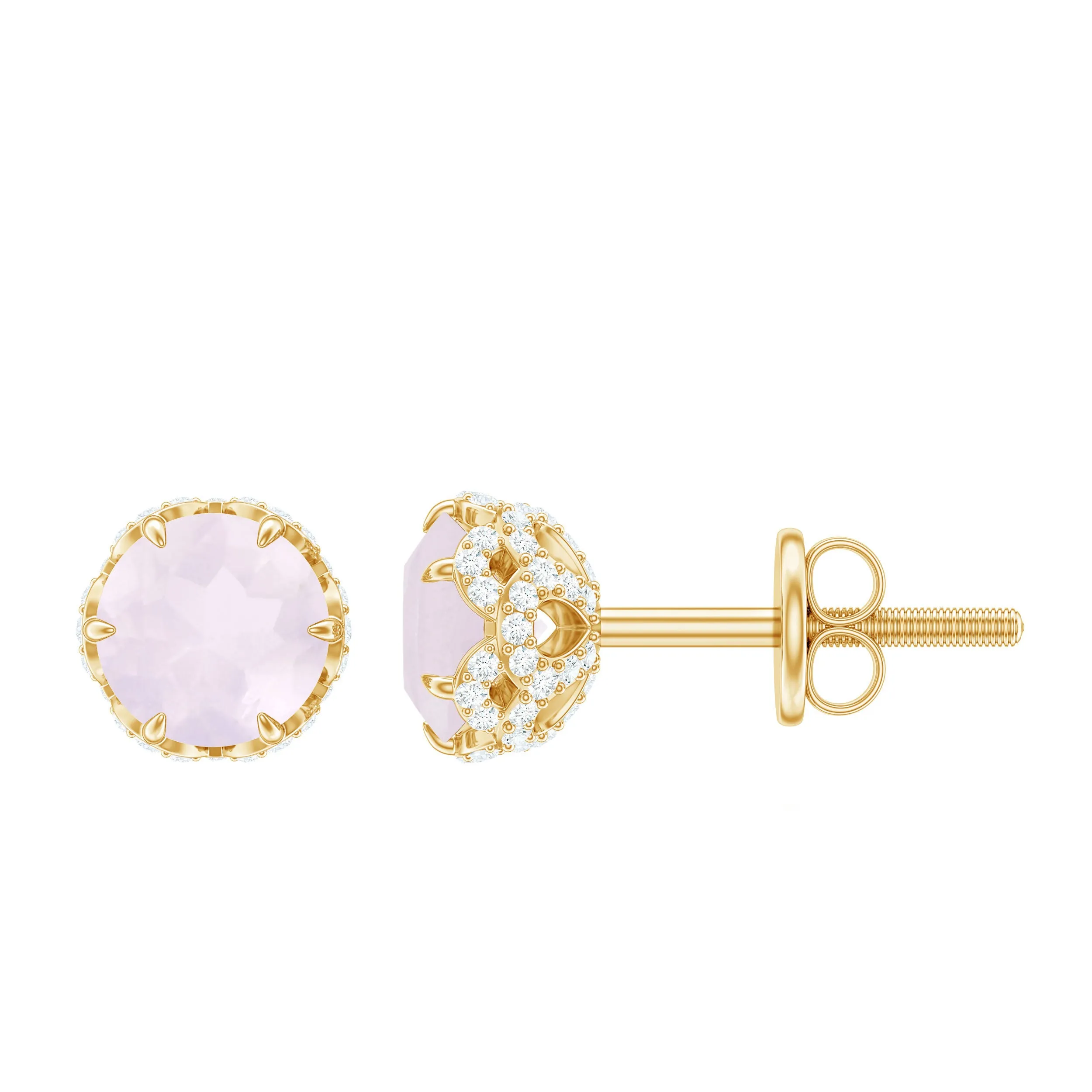 Designer Rose Quartz Solitaire Stud Earrings with Diamond Accent