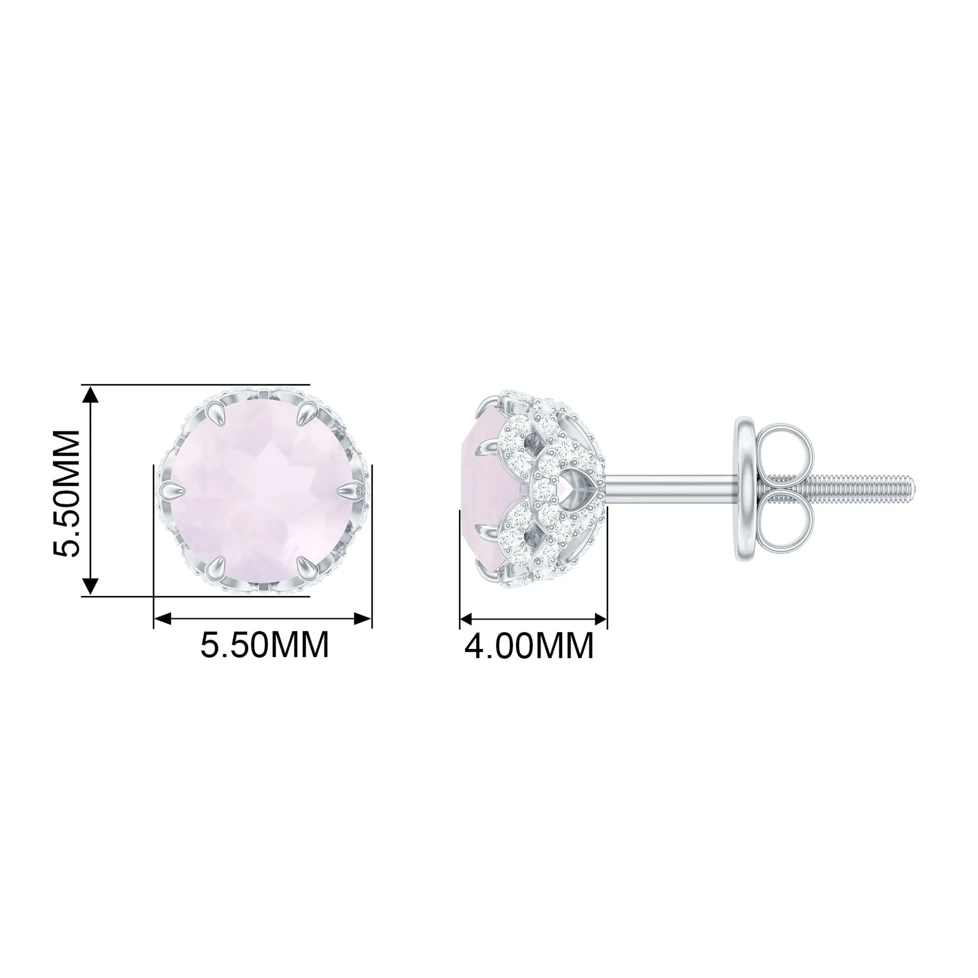 Designer Rose Quartz Solitaire Stud Earrings with Diamond Accent