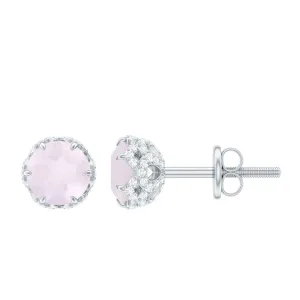 Designer Rose Quartz Solitaire Stud Earrings with Diamond Accent