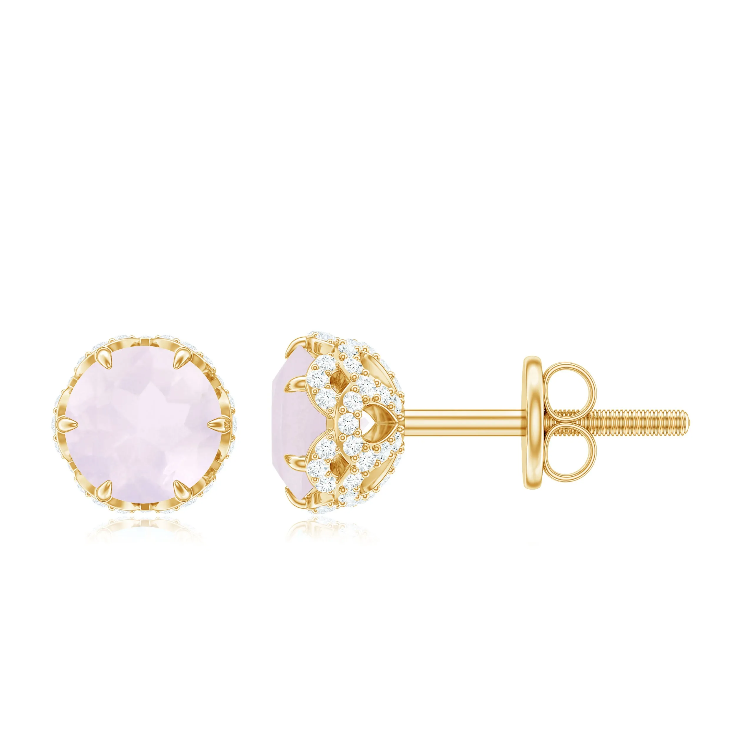 Designer Rose Quartz Solitaire Stud Earrings with Diamond Accent