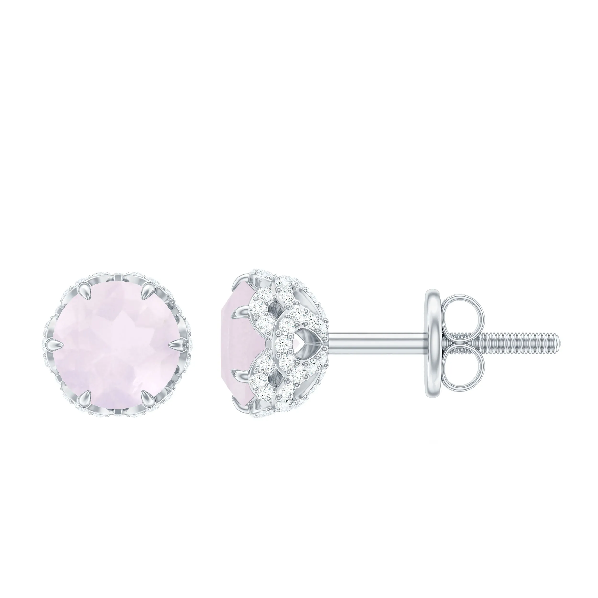 Designer Rose Quartz Solitaire Stud Earrings with Diamond Accent