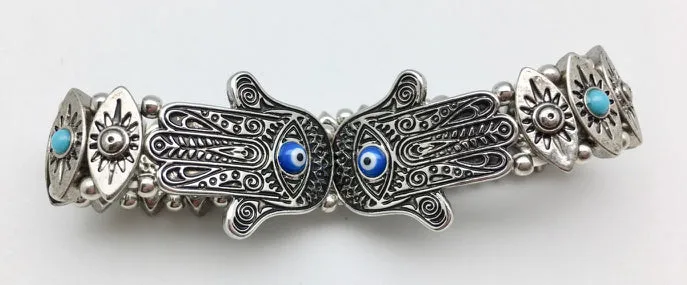 Double Happiness Hamsa Silver Stretch Bracelet