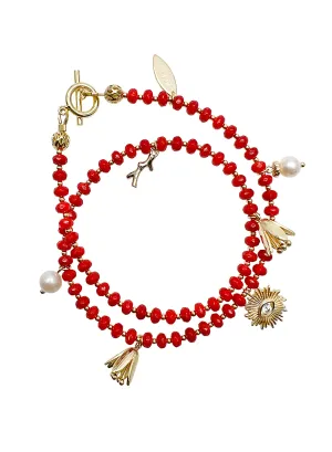 Double Layer Coral with Evil Eye Charm Bracelet/Choker JB001
