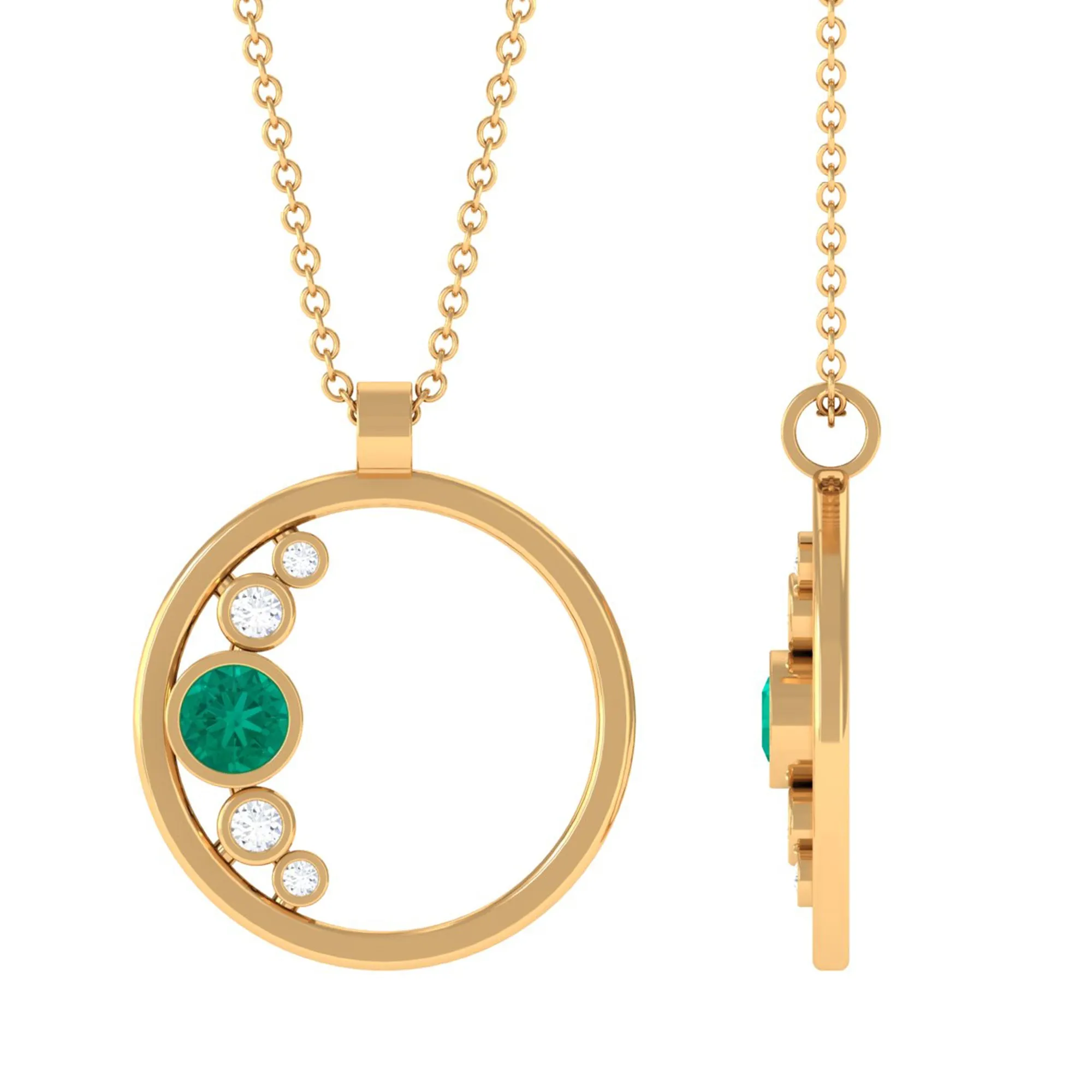 Emerald and Diamond Open Circle Pendant Necklace with Chain