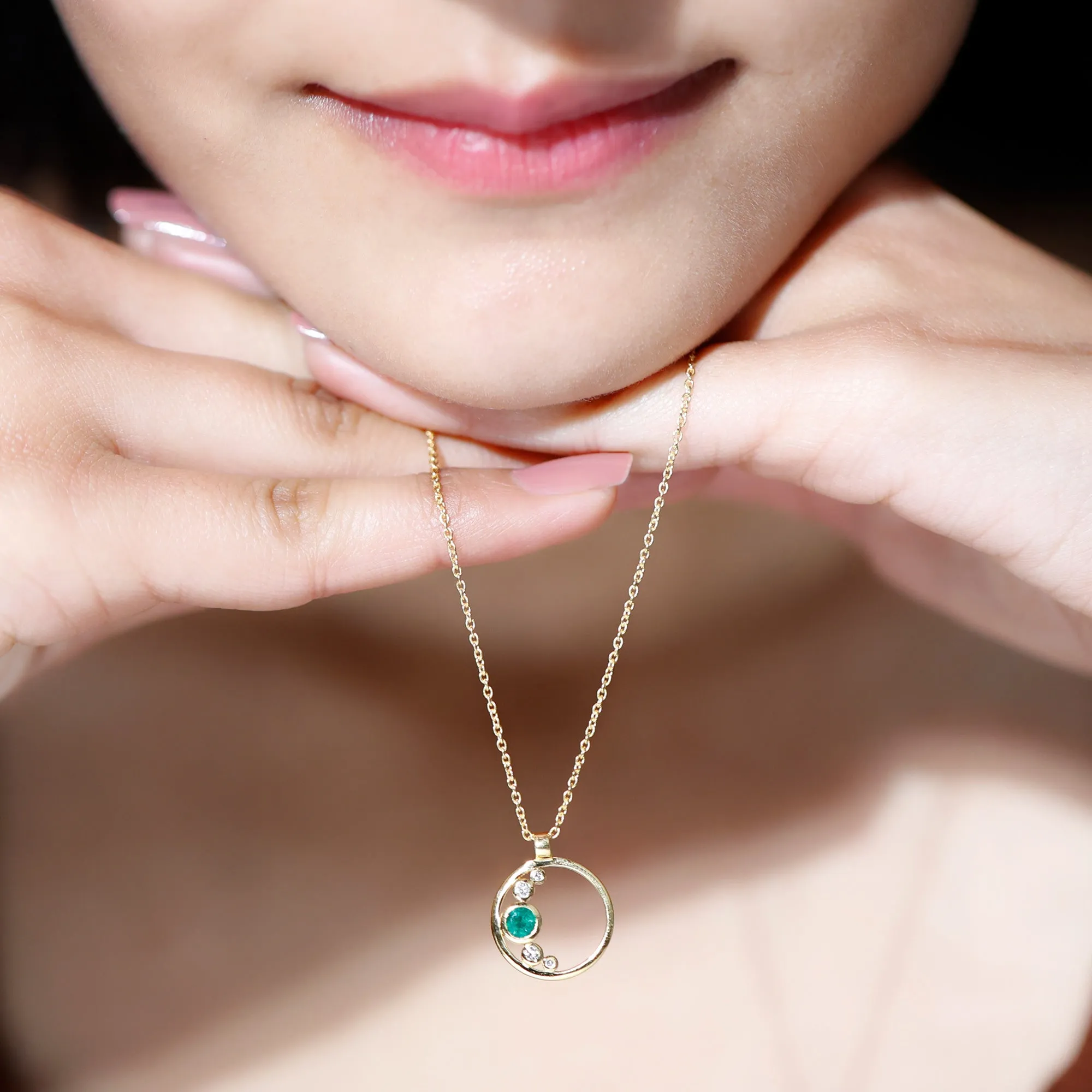 Emerald and Diamond Open Circle Pendant Necklace with Chain