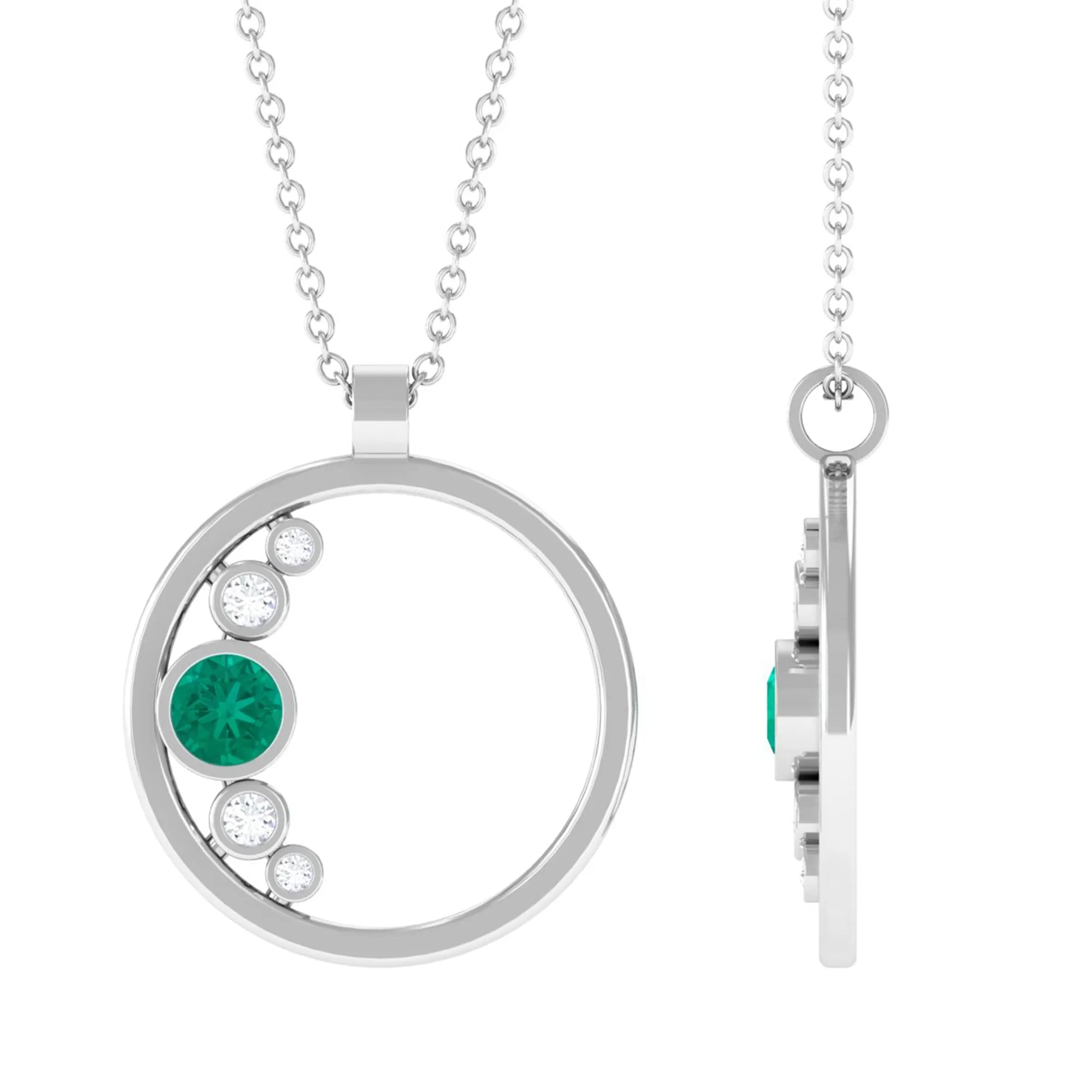 Emerald and Diamond Open Circle Pendant Necklace with Chain