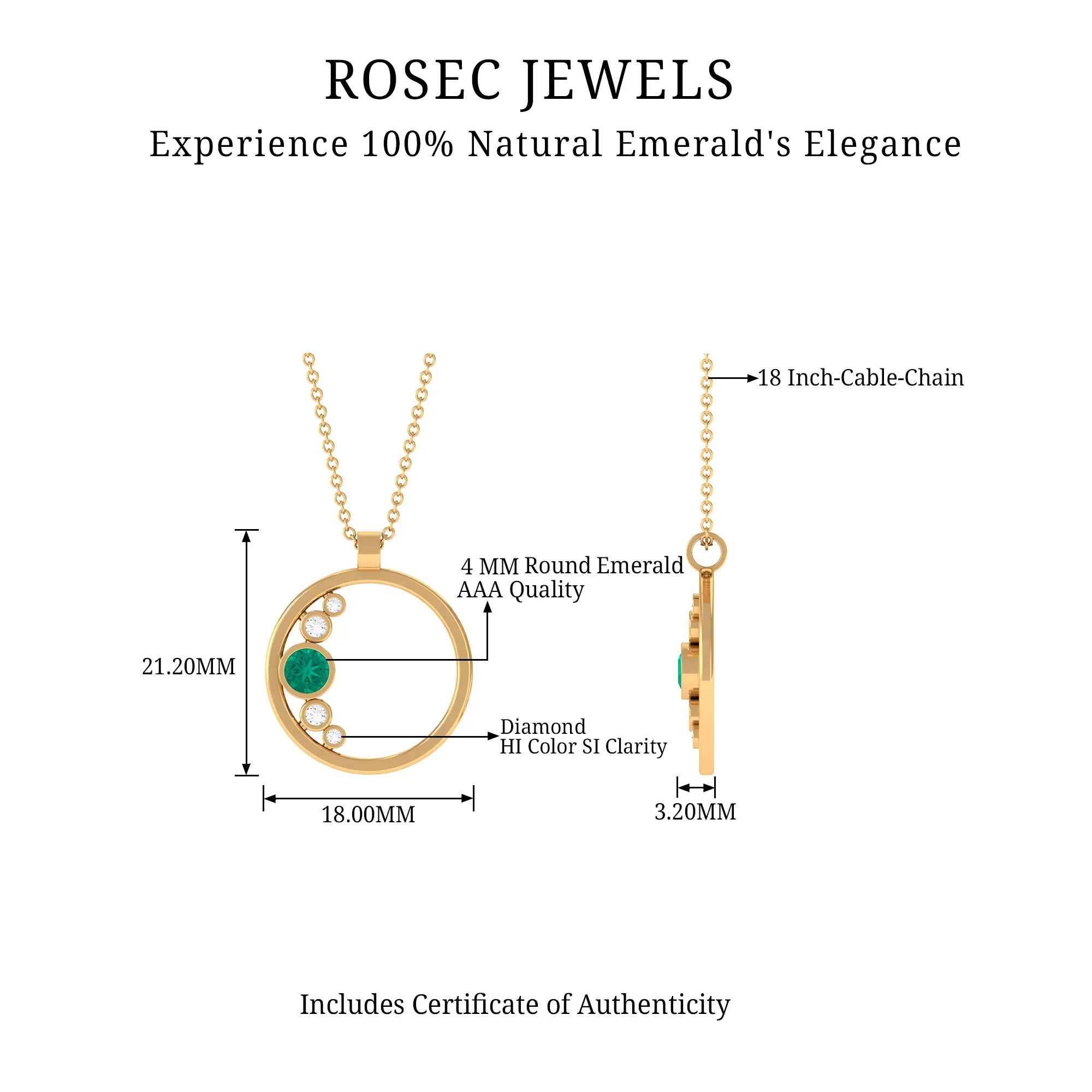 Emerald and Diamond Open Circle Pendant Necklace with Chain