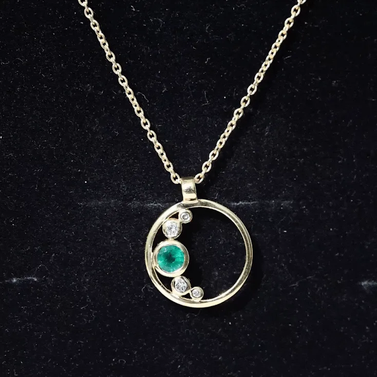 Emerald and Diamond Open Circle Pendant Necklace with Chain