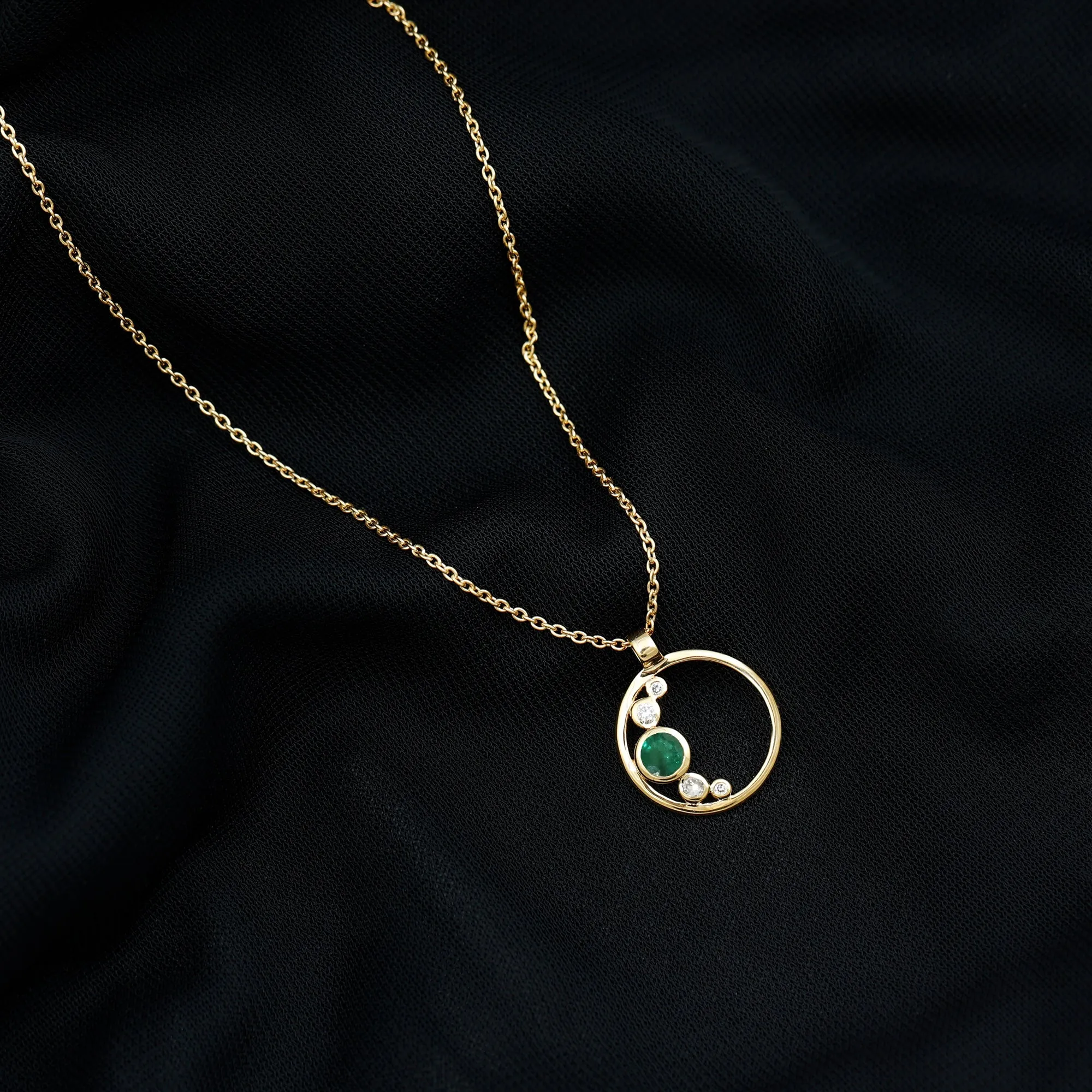 Emerald and Diamond Open Circle Pendant Necklace with Chain