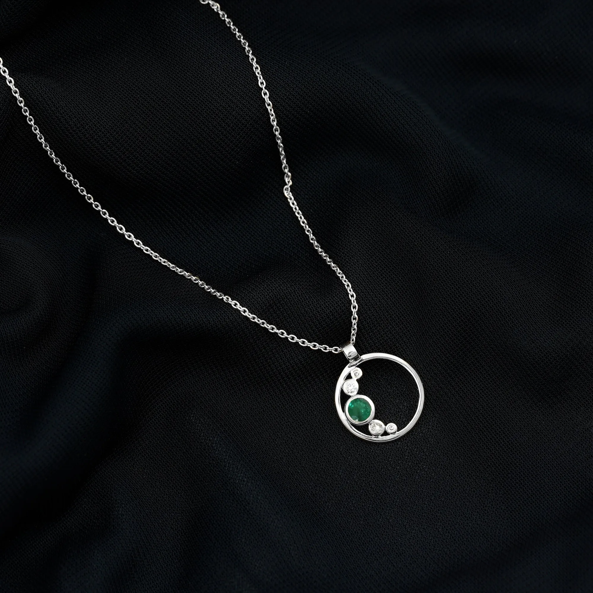 Emerald and Diamond Open Circle Pendant Necklace with Chain