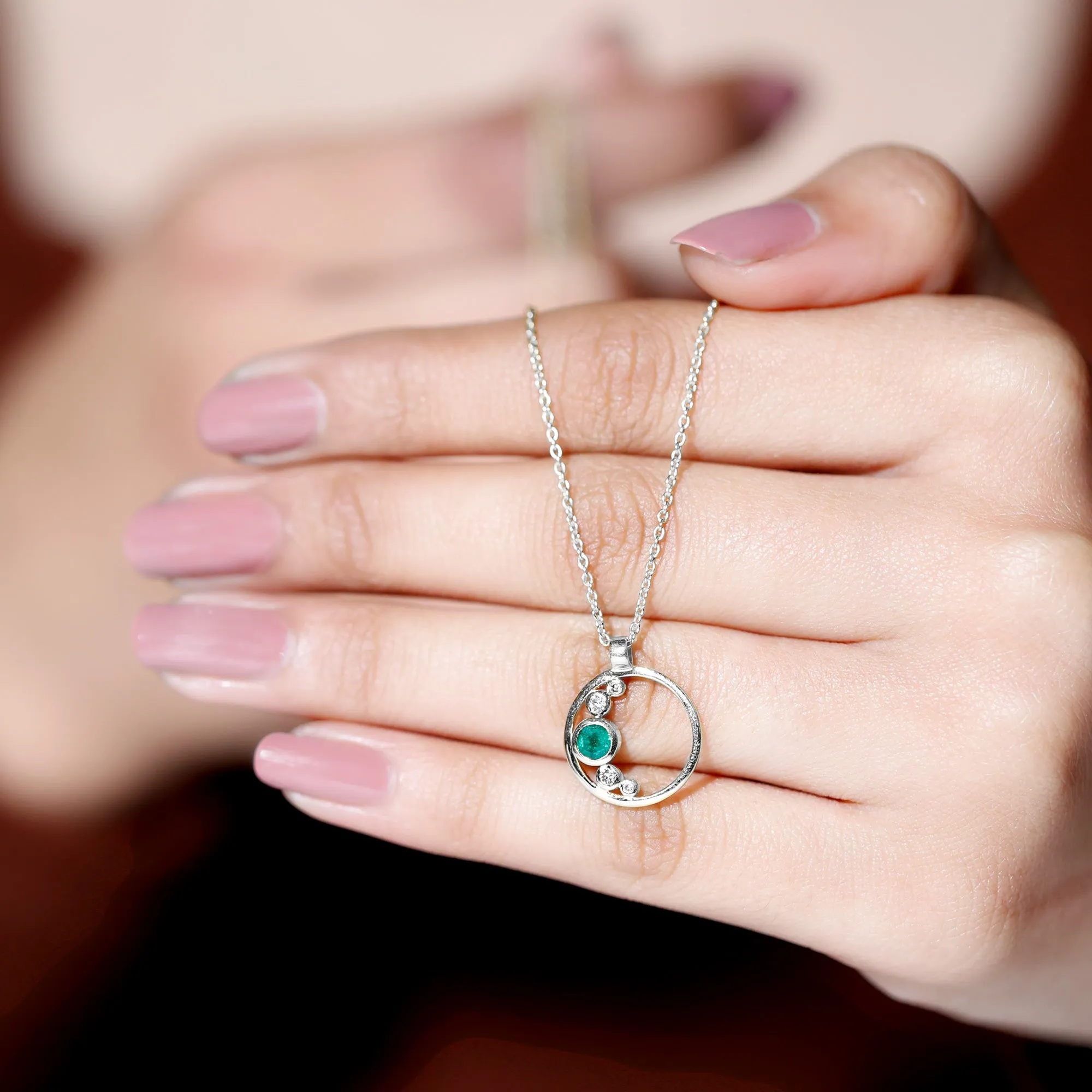 Emerald and Diamond Open Circle Pendant Necklace with Chain