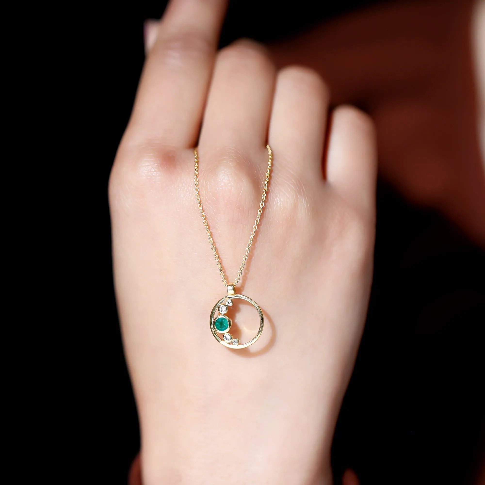 Emerald and Diamond Open Circle Pendant Necklace with Chain