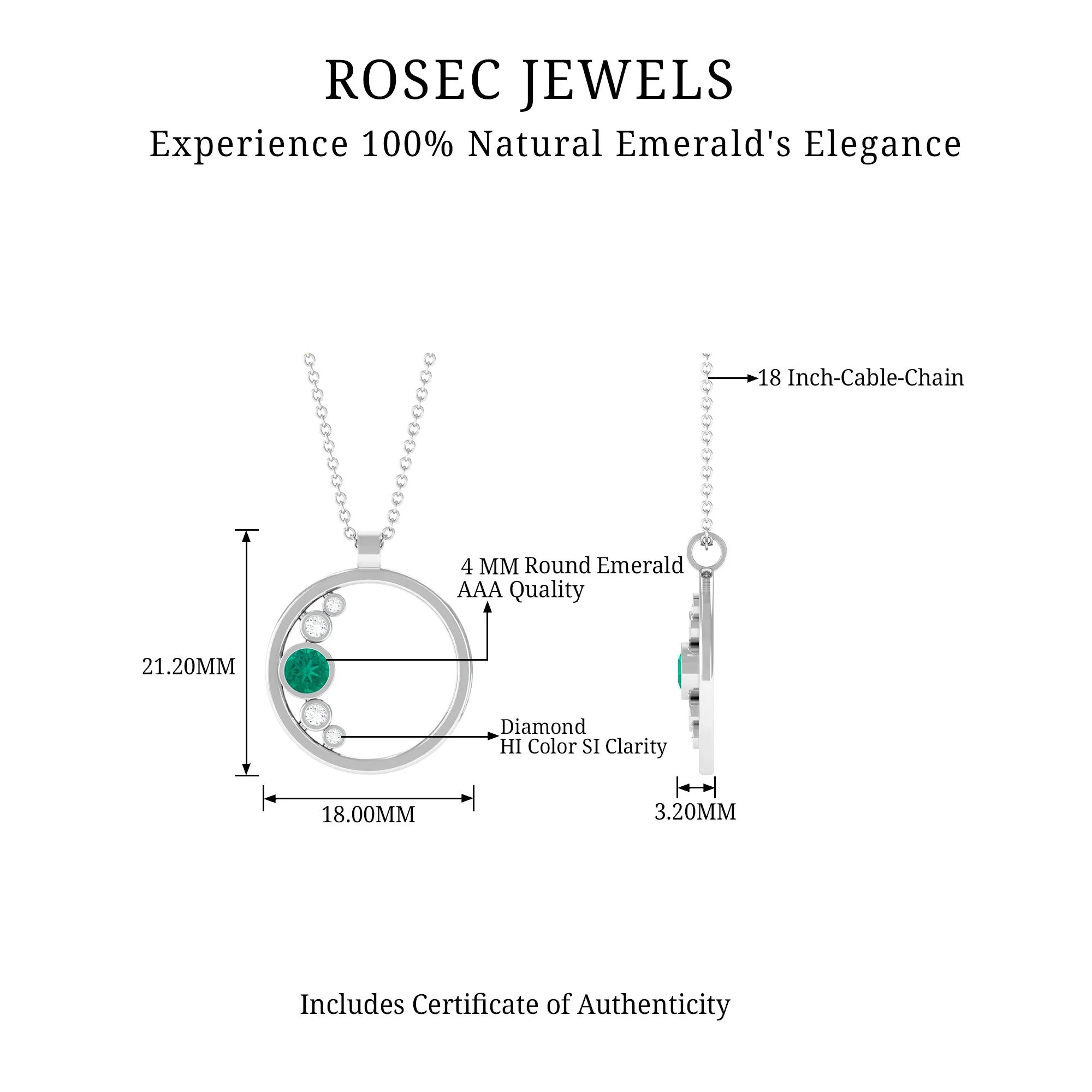 Emerald and Diamond Open Circle Pendant Necklace with Chain