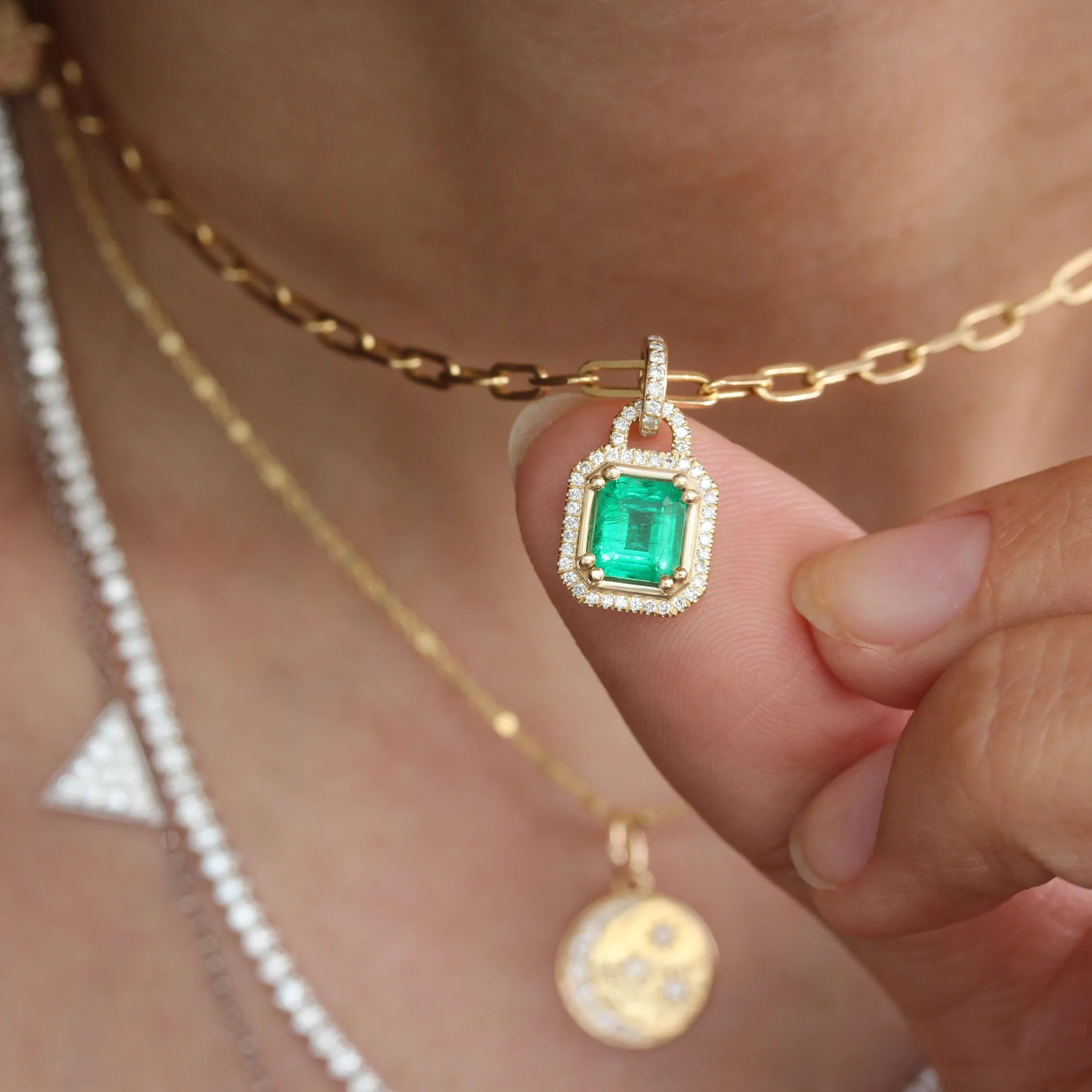 Emerald and Diamonds Lock Paperclip Necklace