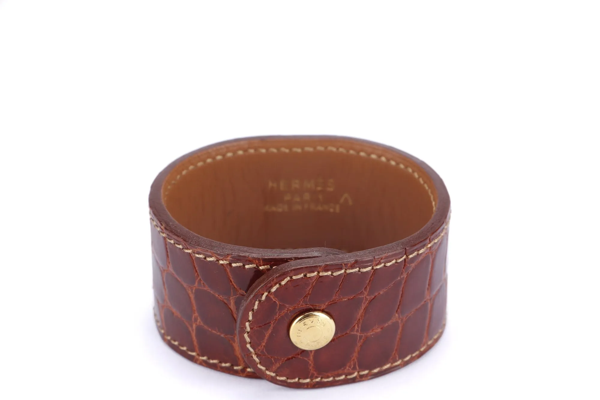 (Exotic) Hermes Brown Porosus Croc Bracelet with Gold Medor Stud, no Dust Cover & Box