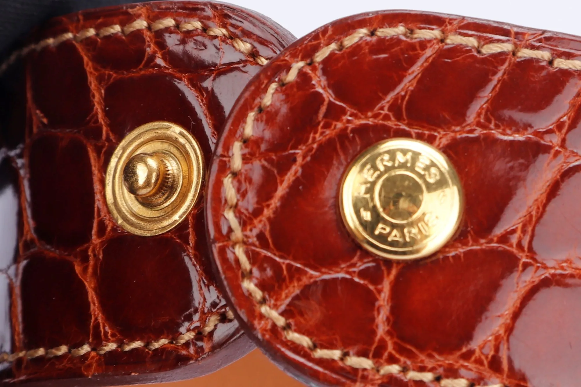 (Exotic) Hermes Brown Porosus Croc Bracelet with Gold Medor Stud, no Dust Cover & Box