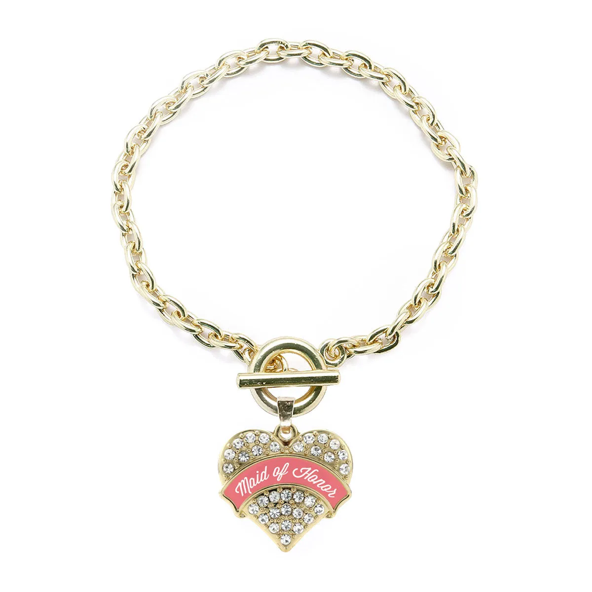 Gold Coral Maid of Honor Pave Heart Charm Toggle Bracelet