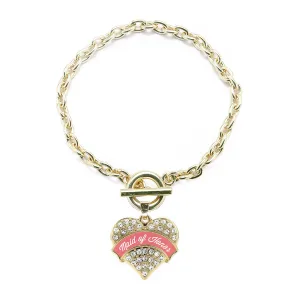 Gold Coral Maid of Honor Pave Heart Charm Toggle Bracelet
