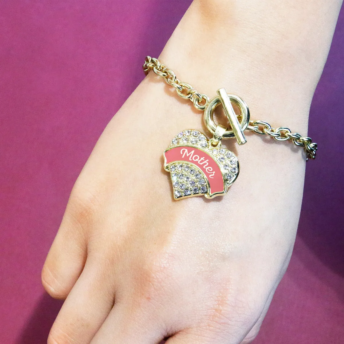 Gold Coral Mother Pave Heart Charm Toggle Bracelet