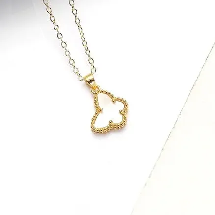 Gold Plated Brass Beaded Border Butterfly Mother of Pearl Necklace