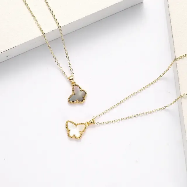 Gold Plated Brass Beaded Border Butterfly Mother of Pearl Necklace