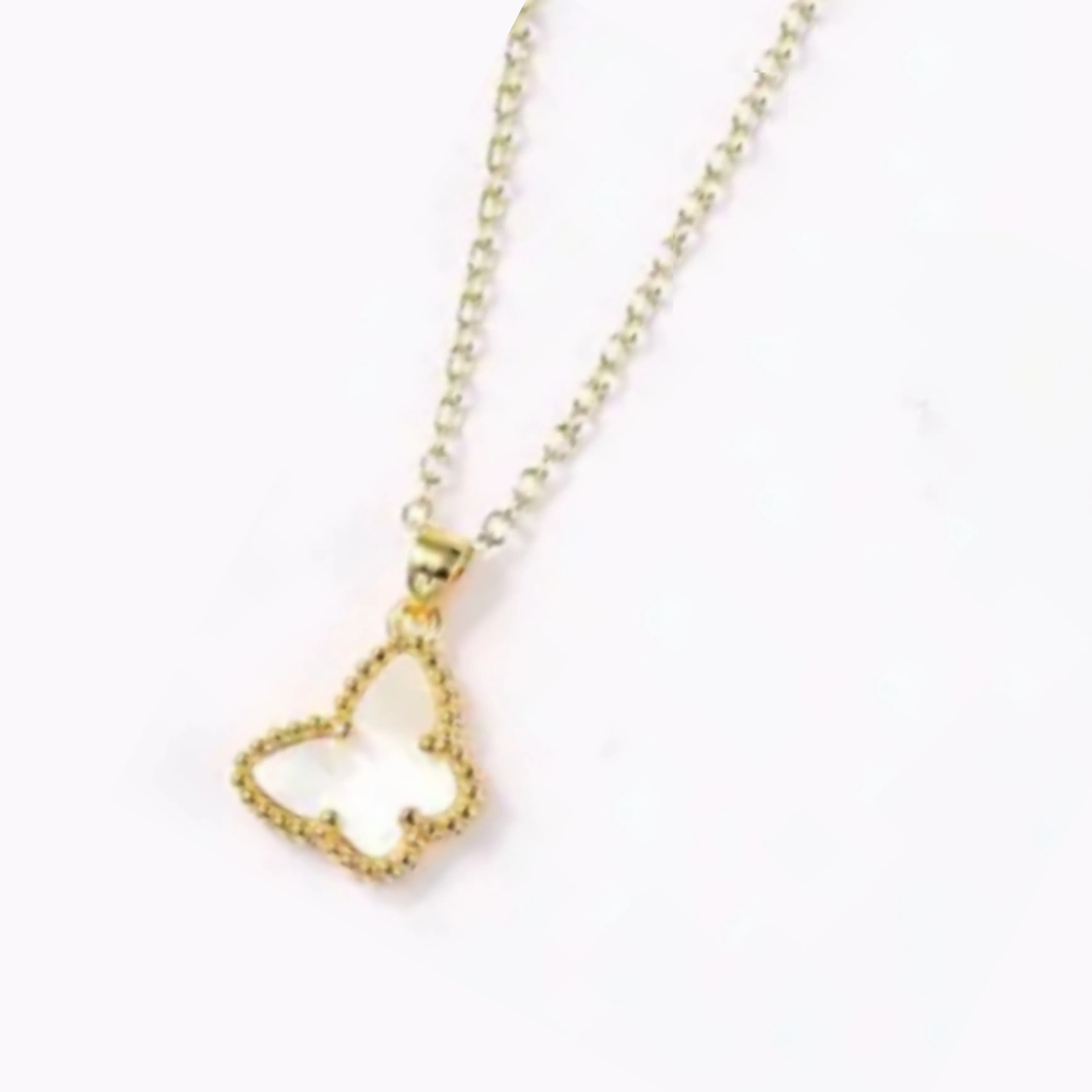 Gold Plated Brass Beaded Border Butterfly Mother of Pearl Necklace