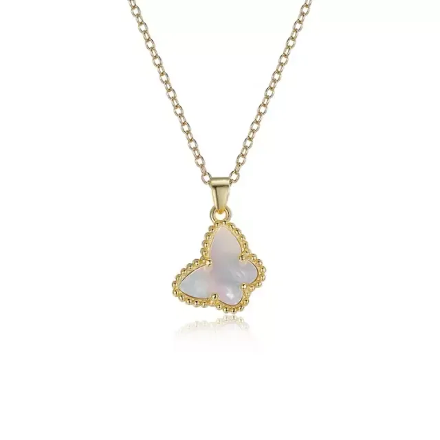 Gold Plated Brass Beaded Border Butterfly Mother of Pearl Necklace