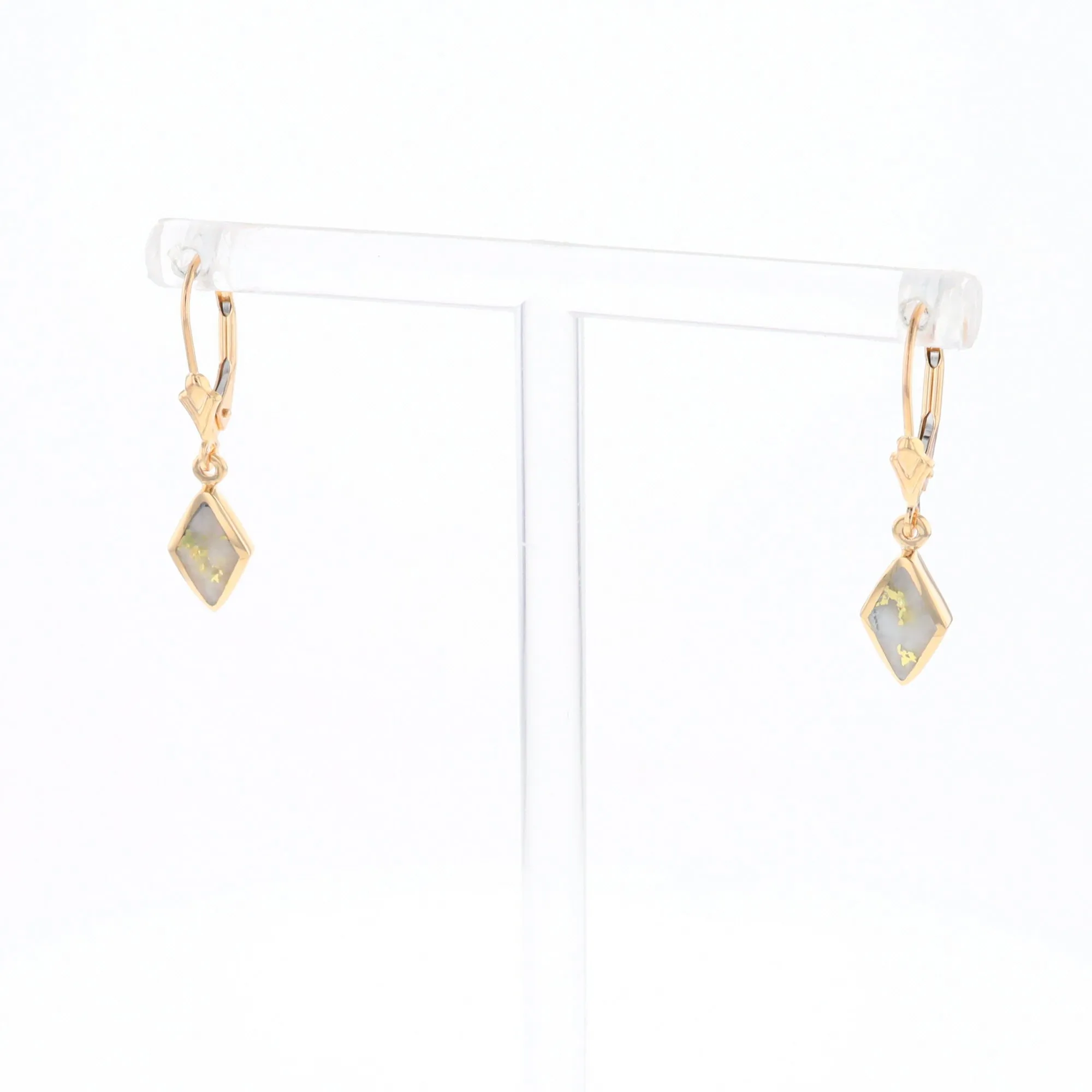 Gold Quartz Earrings Diamond Shape Inlaid Lever Backs G1