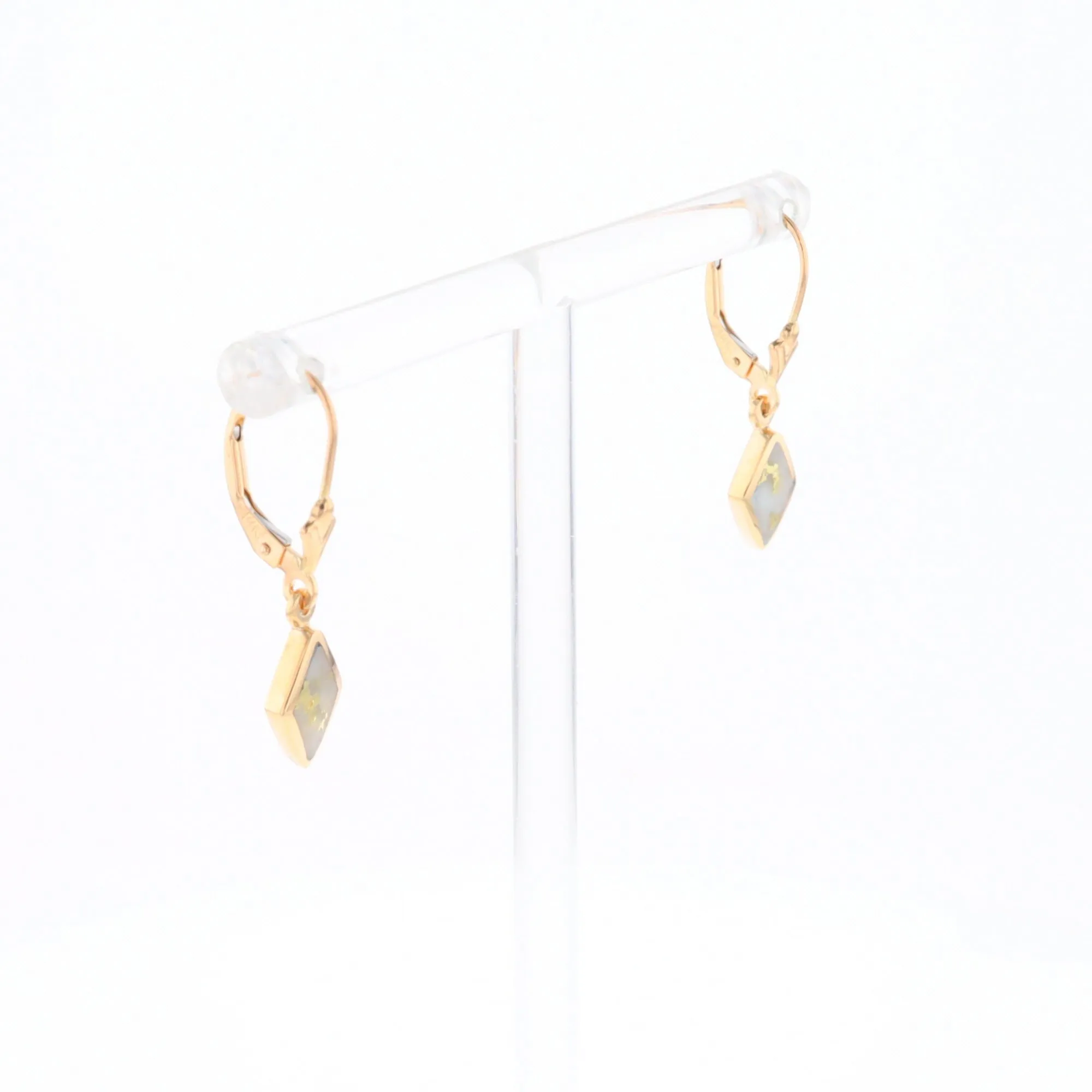 Gold Quartz Earrings Diamond Shape Inlaid Lever Backs G1
