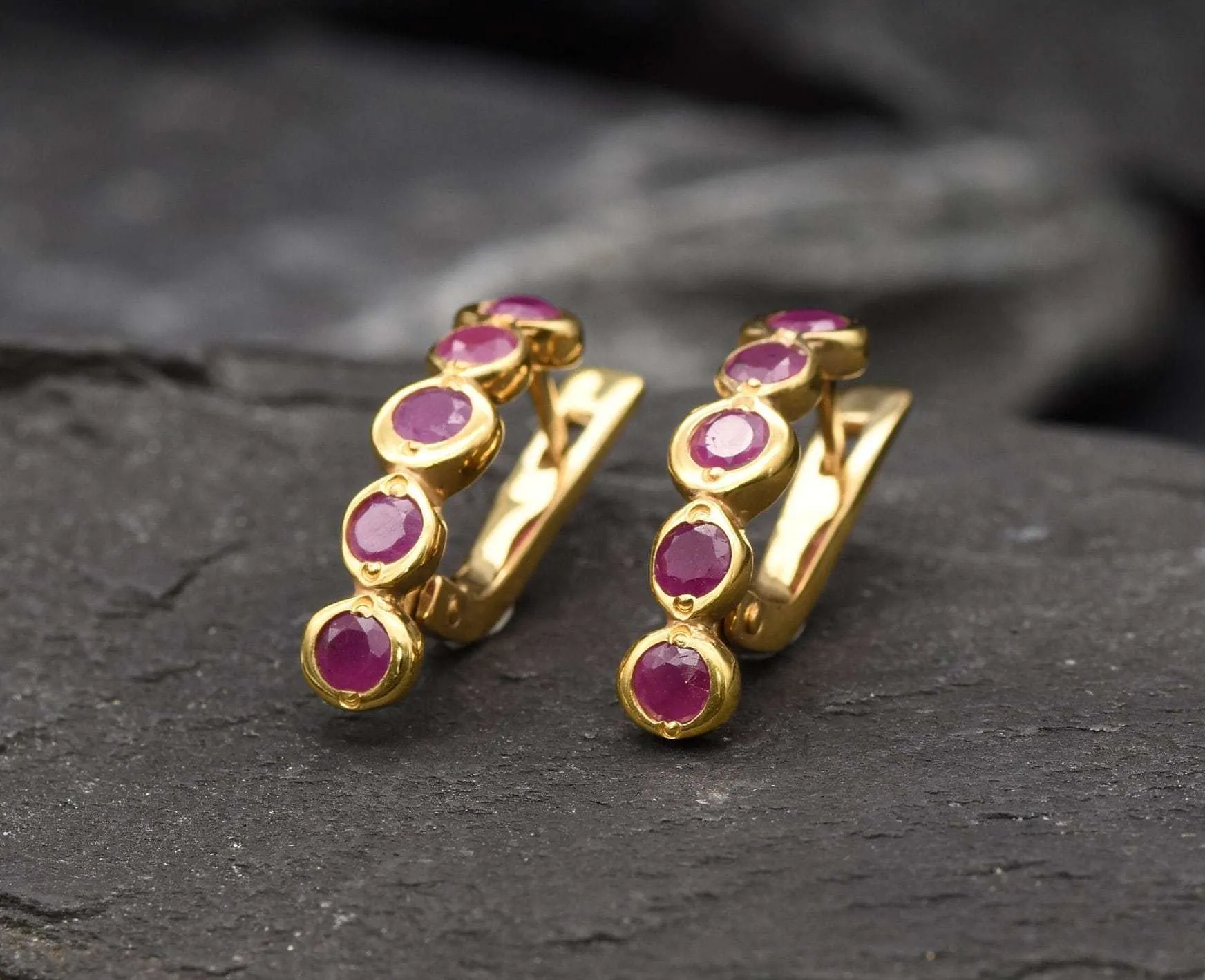 Gold Ruby Earrings - Natural Ruby Earrings, Gold Bubble Earrings
