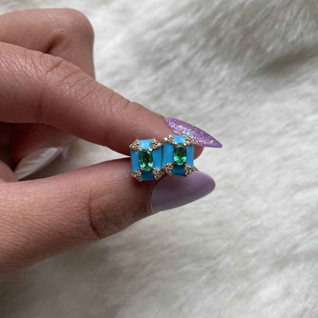 Goshwara Queen Octagon Emerald & Turquoise Enamel Stud Earrings JE0459-EM-ENTQ-Y