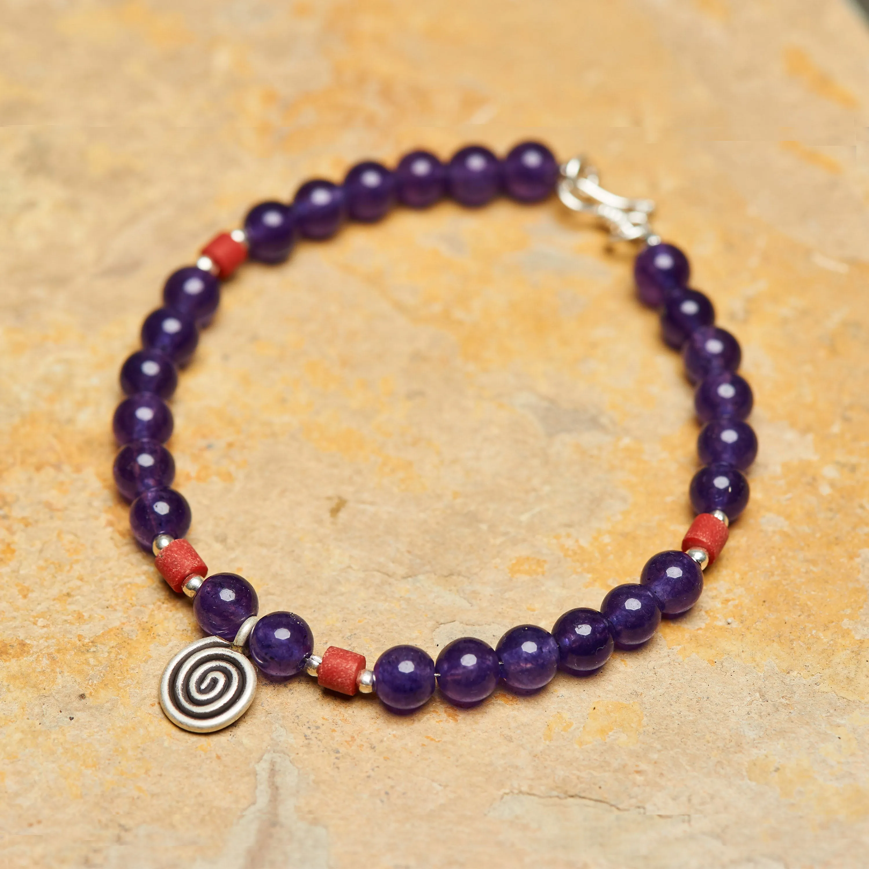 Hand Made Tibetan Spiral Mala With Coral And Amethyst Beads Bracelet