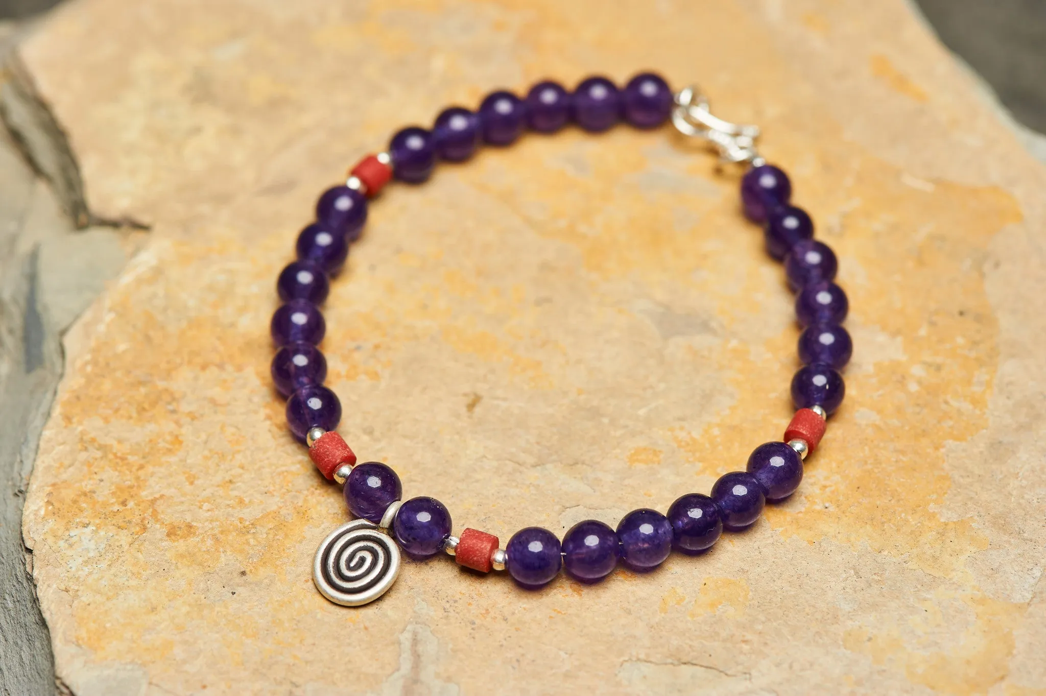 Hand Made Tibetan Spiral Mala With Coral And Amethyst Beads Bracelet