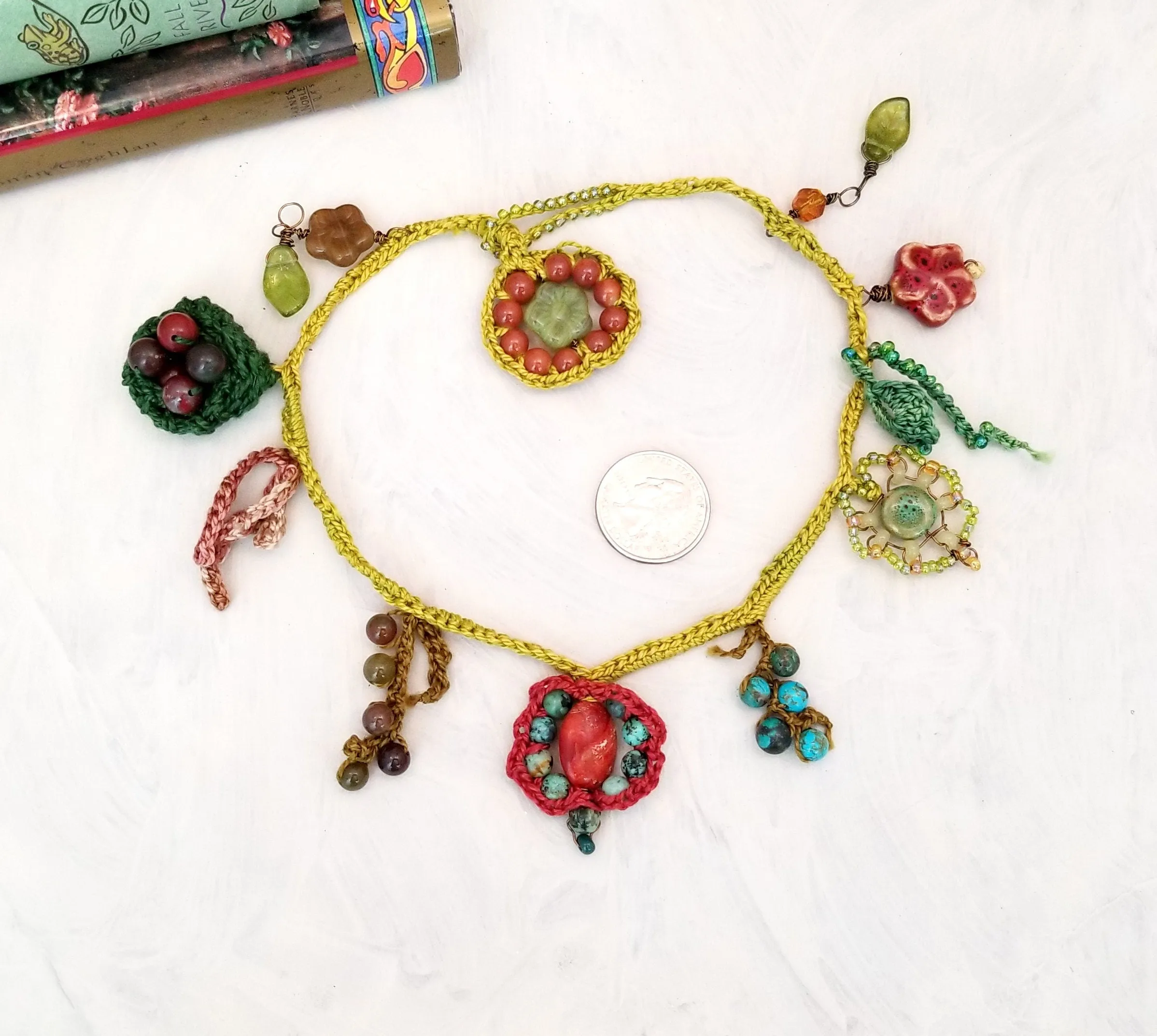 Handmade Crochet Necklace with Glass and Stone Beads, Natural Colors, Cotton Thread, 20" (51 cm), One of a Kind