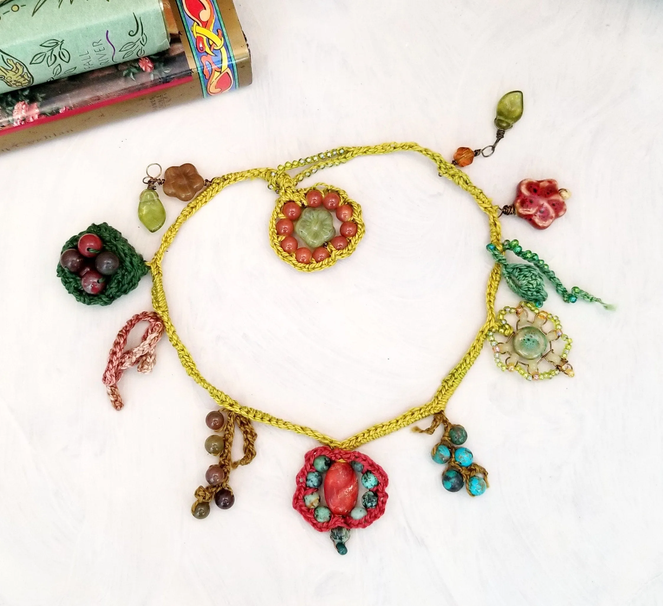 Handmade Crochet Necklace with Glass and Stone Beads, Natural Colors, Cotton Thread, 20" (51 cm), One of a Kind
