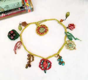 Handmade Crochet Necklace with Glass and Stone Beads, Natural Colors, Cotton Thread, 20" (51 cm), One of a Kind