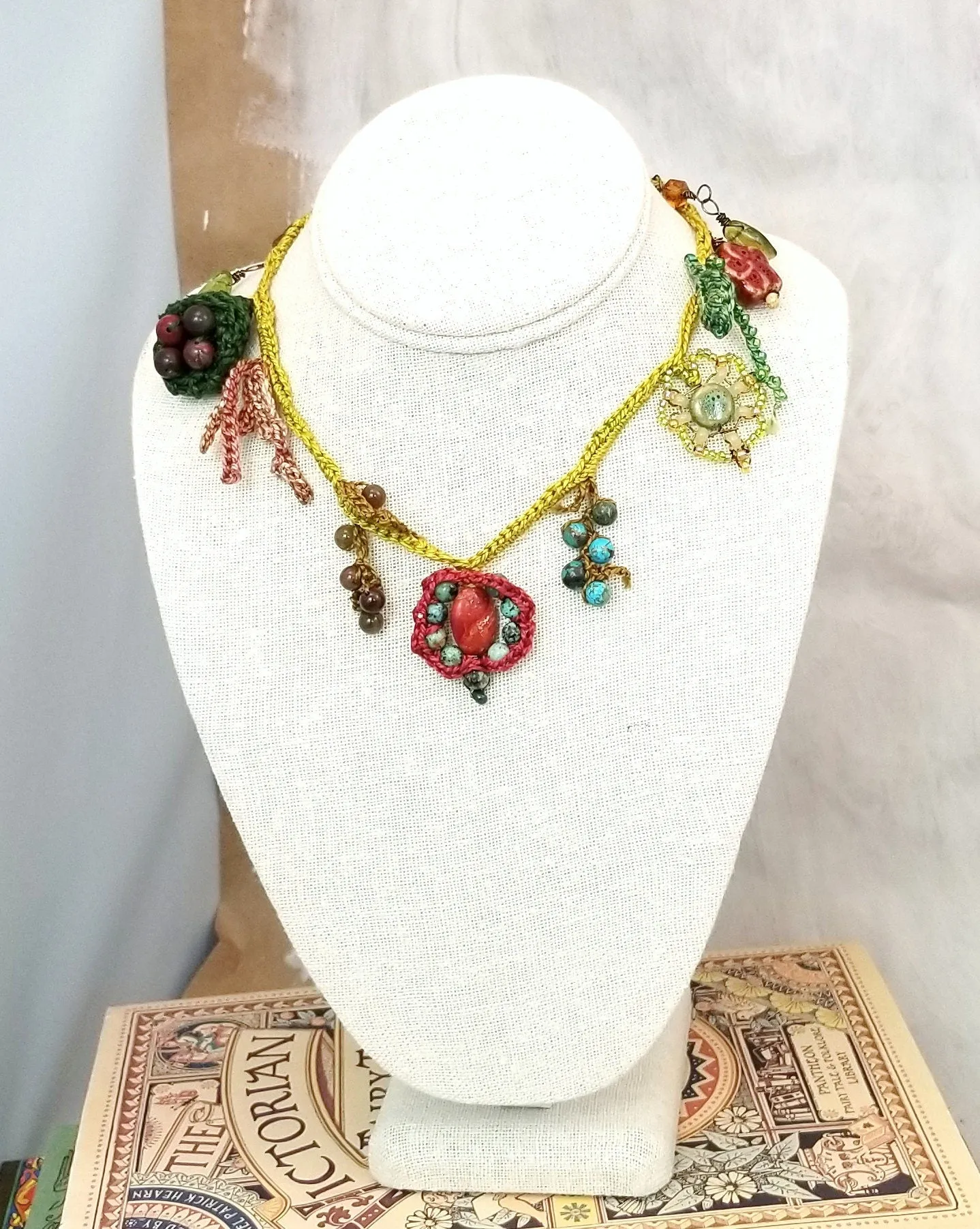 Handmade Crochet Necklace with Glass and Stone Beads, Natural Colors, Cotton Thread, 20" (51 cm), One of a Kind