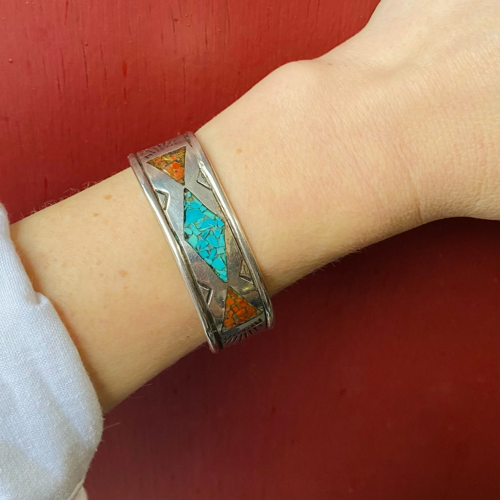 Handsome Signed Silver Cuff with Inlay