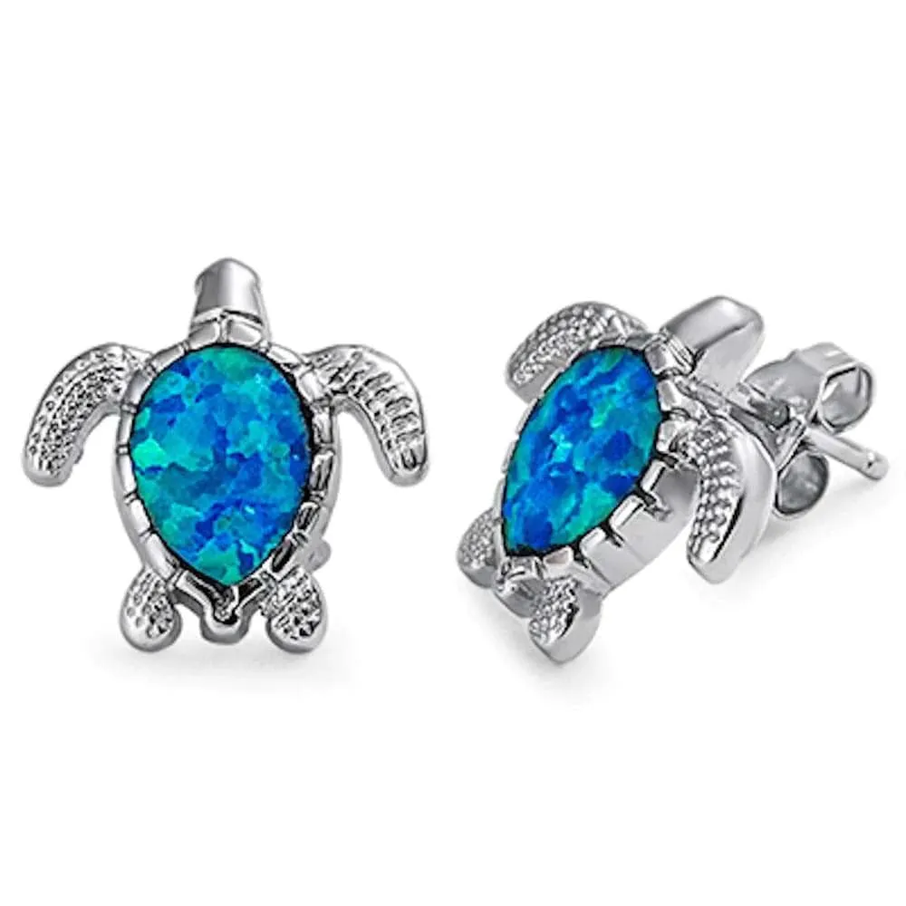 Larimar or Created Opal Sea Turtle Post or Hook Earrings 925 Sterling Silver