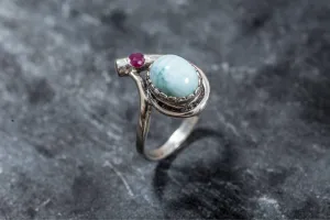 Larimar Ring - Blue Teardrop Ring - Vintage Oval Ring