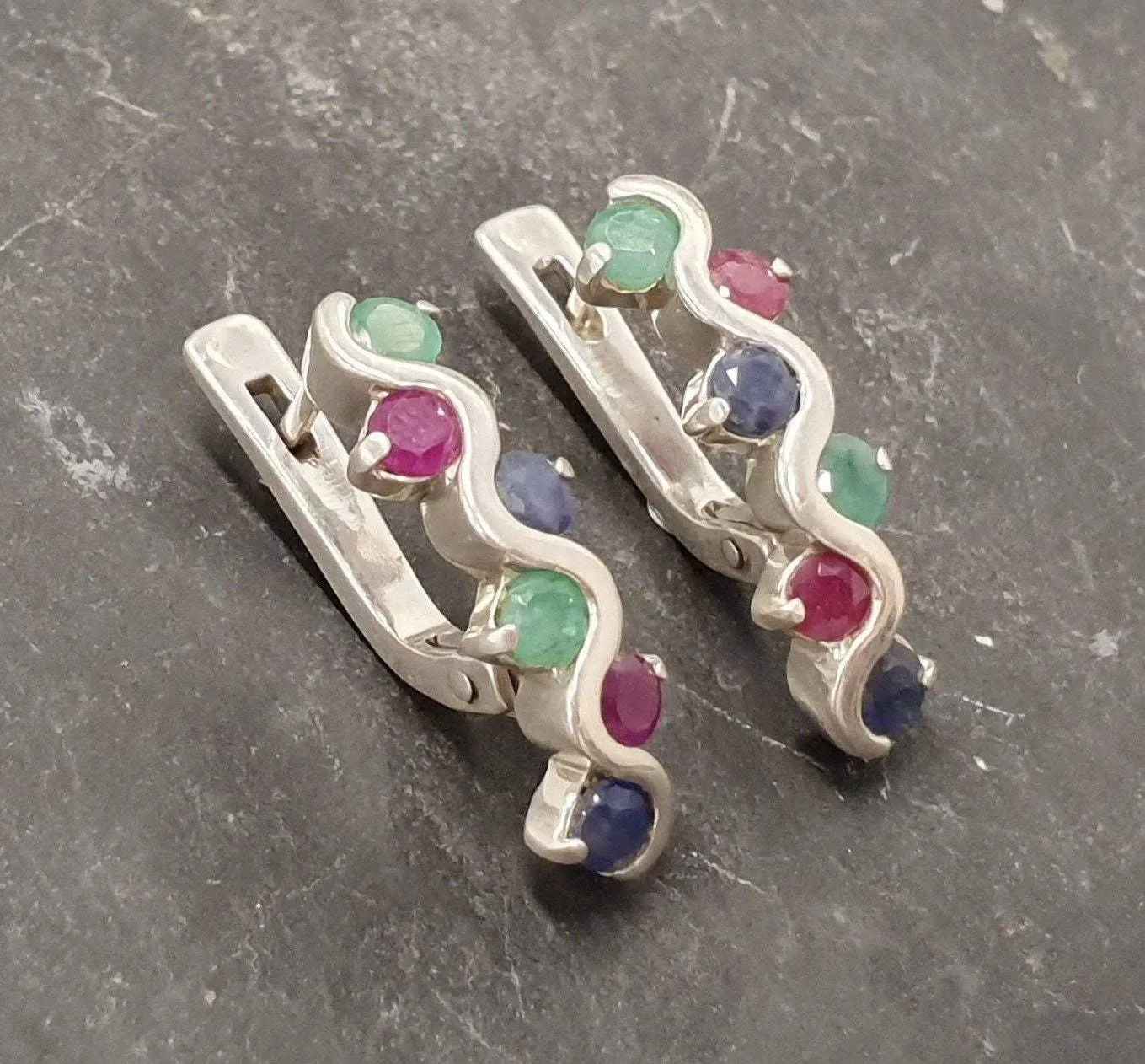 Long Colorful Earrings - Emerald Sapphire Ruby Earrings, Multistone Earrings