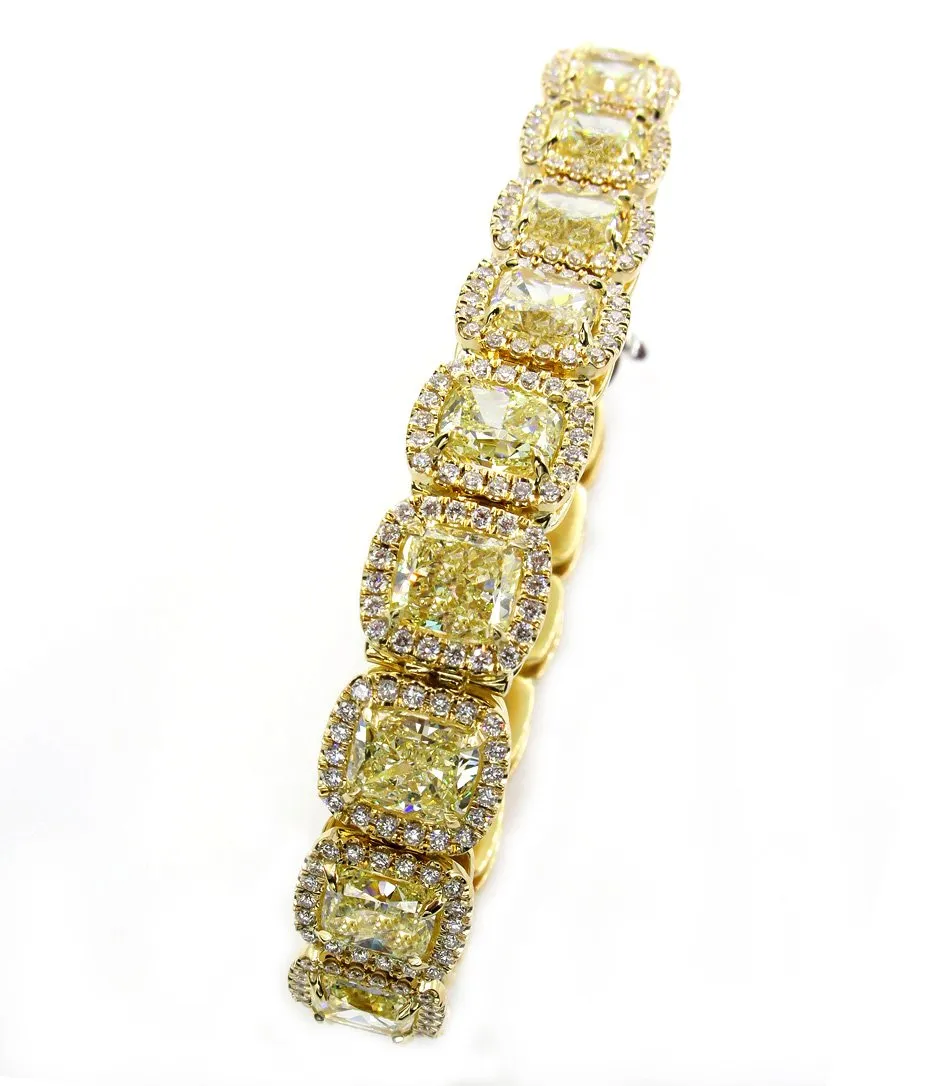 Magnificent 27.28ct Natural Fancy Yellow Radiant Cut Tennis Line Bracelet 18k YG
