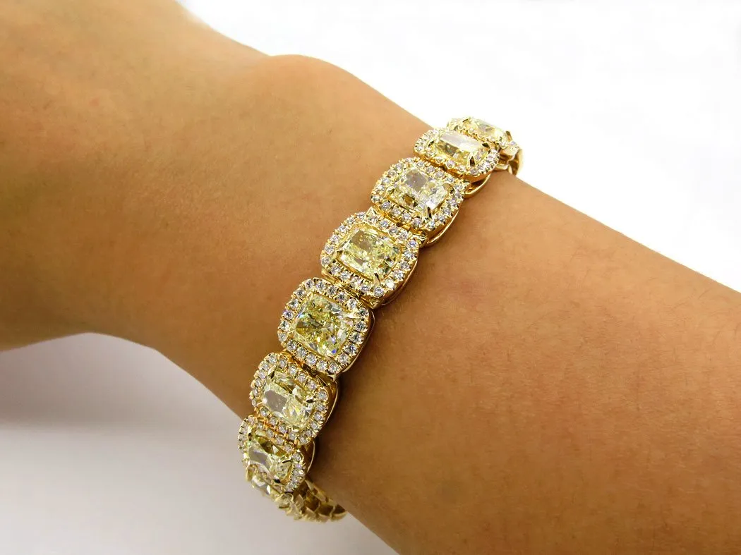 Magnificent 27.28ct Natural Fancy Yellow Radiant Cut Tennis Line Bracelet 18k YG