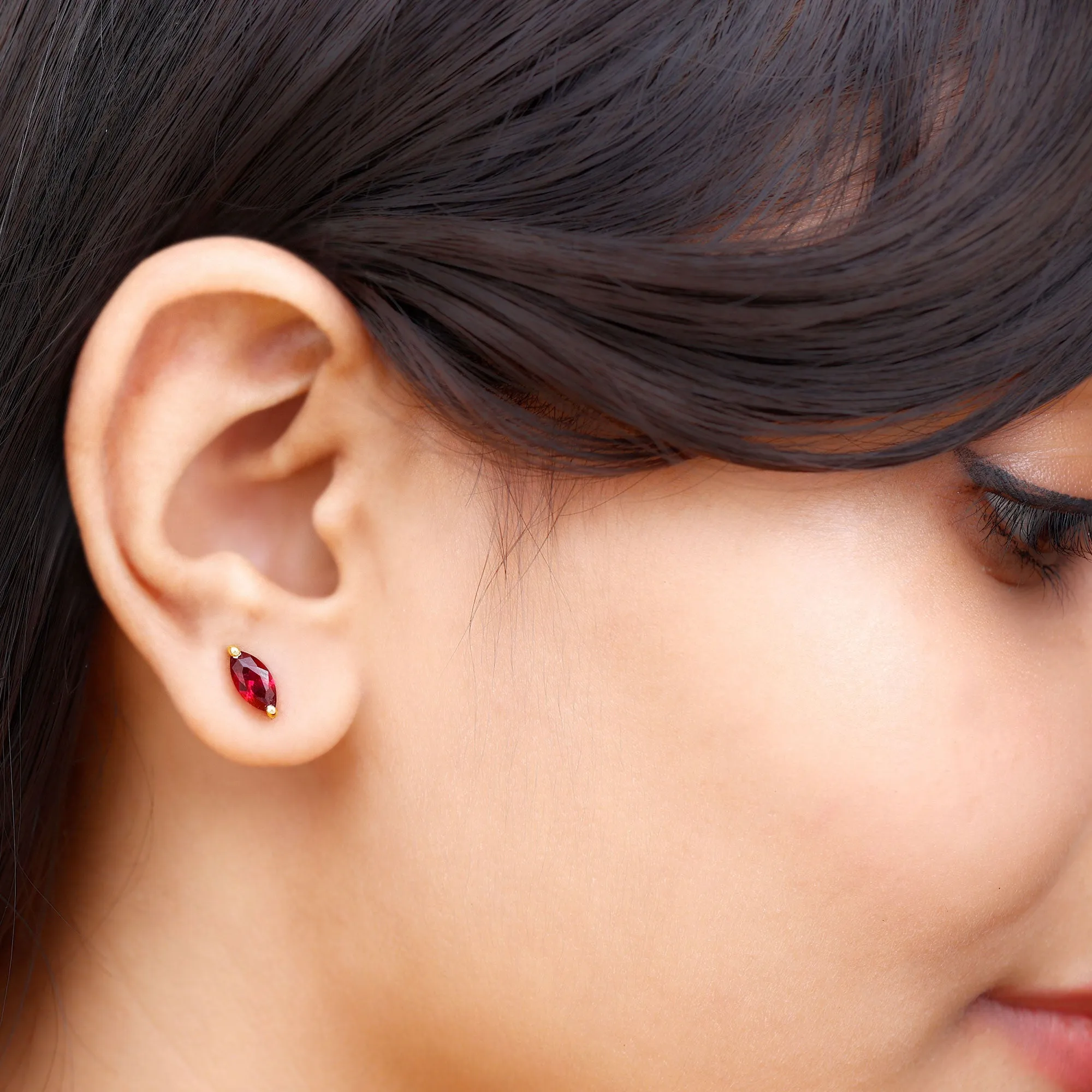 Marquise Shape Created Ruby Solitaire Stud Earrings