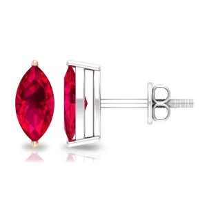 Marquise Shape Created Ruby Solitaire Stud Earrings