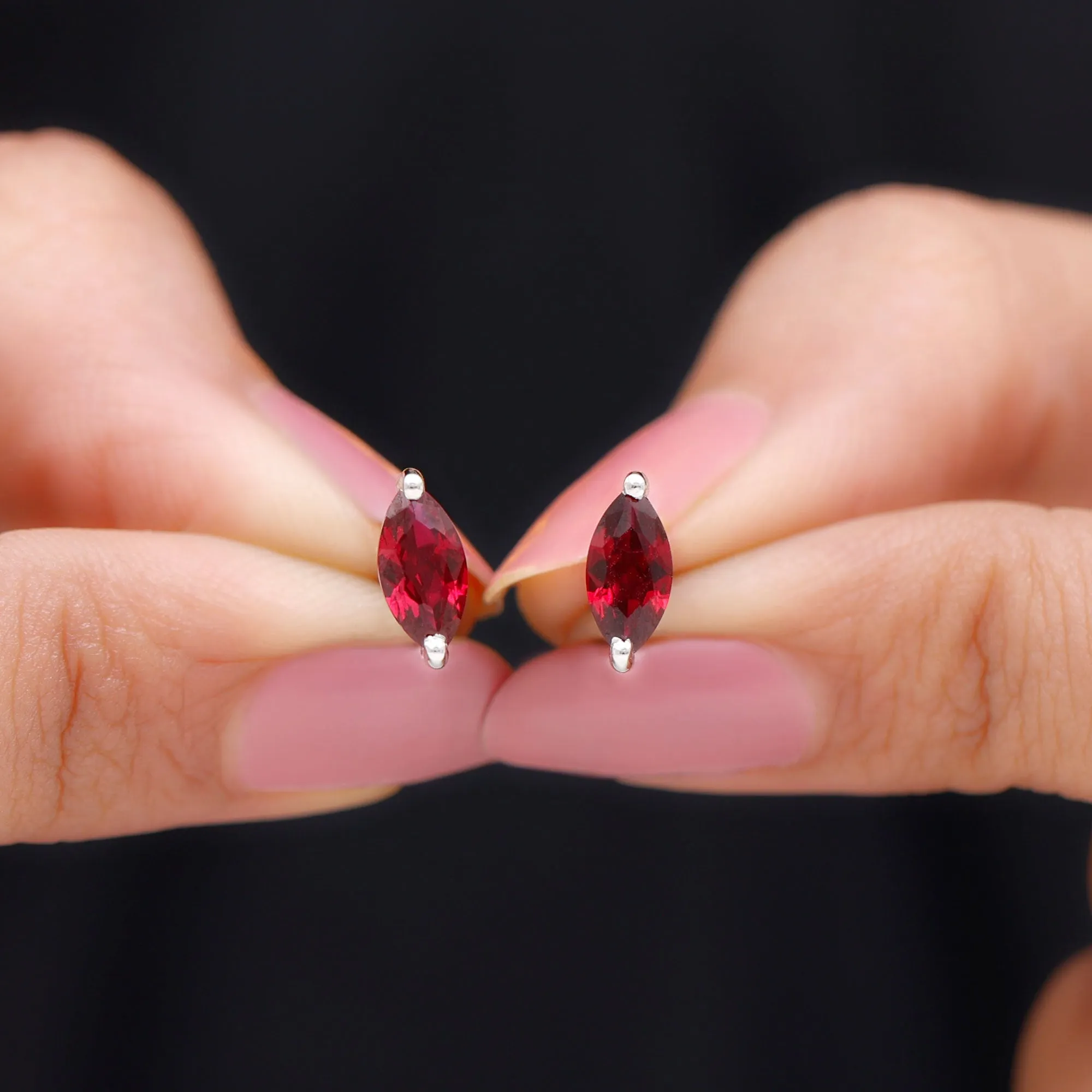 Marquise Shape Created Ruby Solitaire Stud Earrings