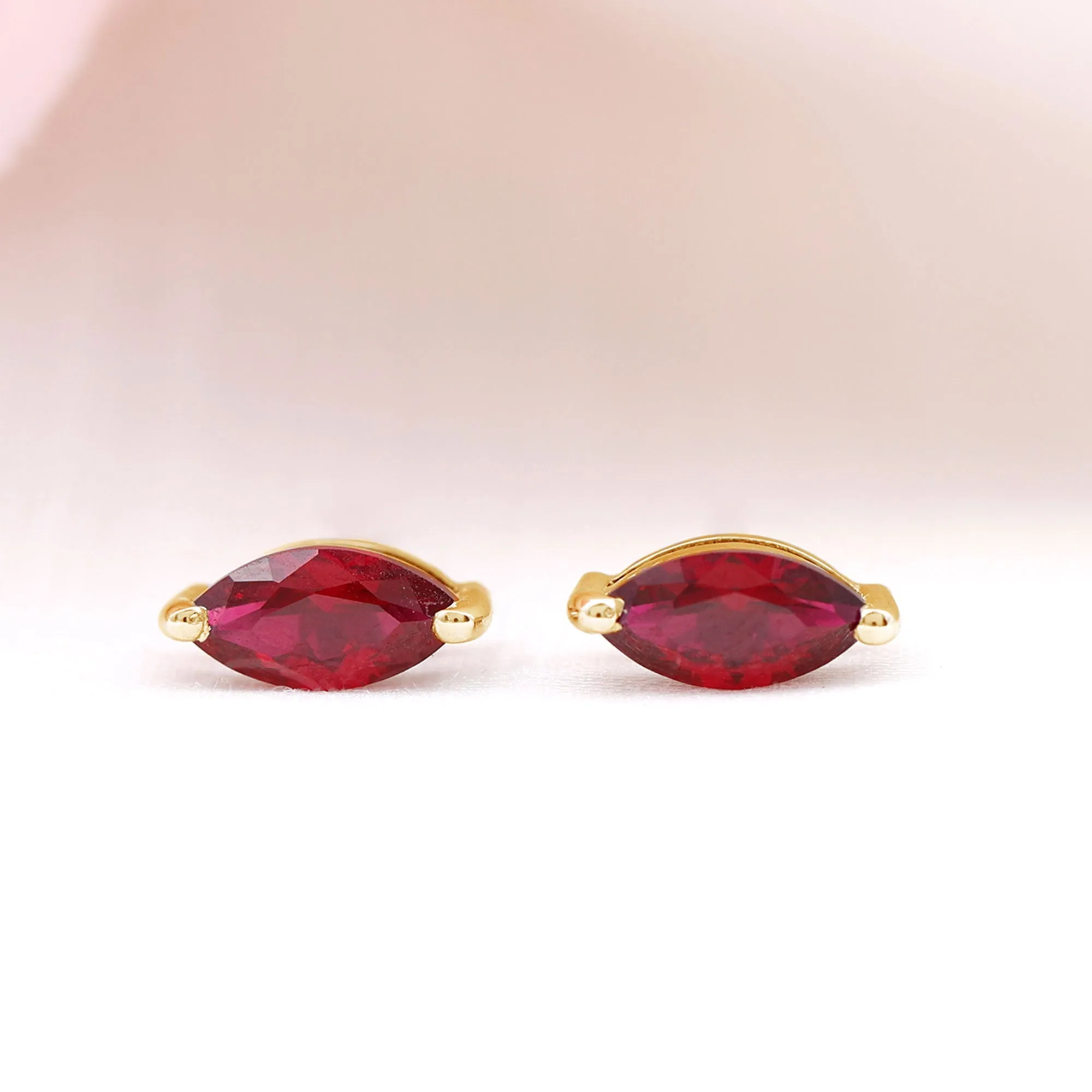 Marquise Shape Created Ruby Solitaire Stud Earrings