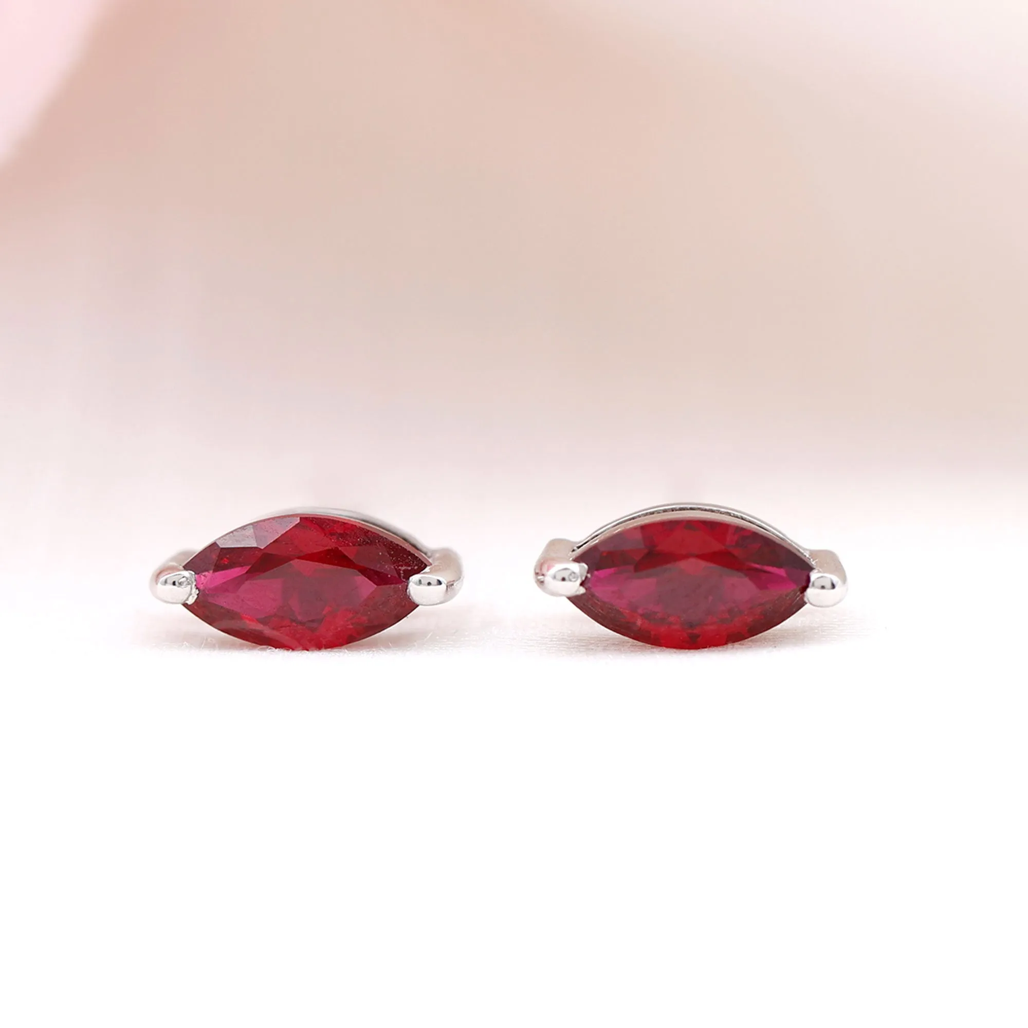 Marquise Shape Created Ruby Solitaire Stud Earrings